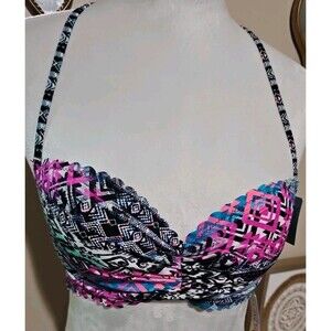 SUNDAZED Nixie Underwire Bra-Sized Halter Bikini Top 32C Print Black Pink,blue
